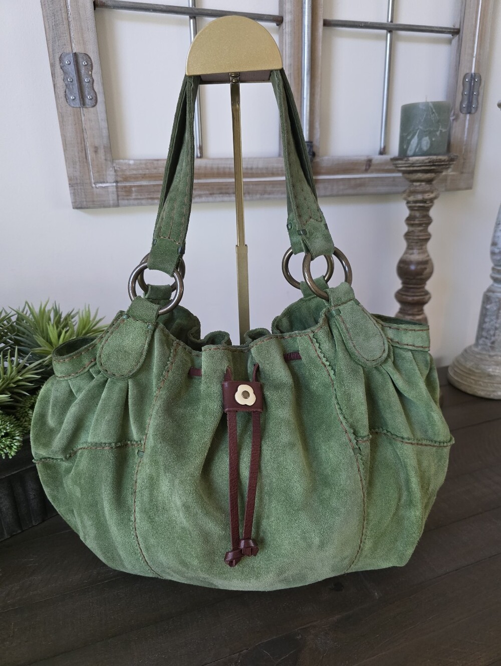 Vintage Lucky Brand Olive Green Suede Hobo Bag Floral Lining - Picture 2 of 14